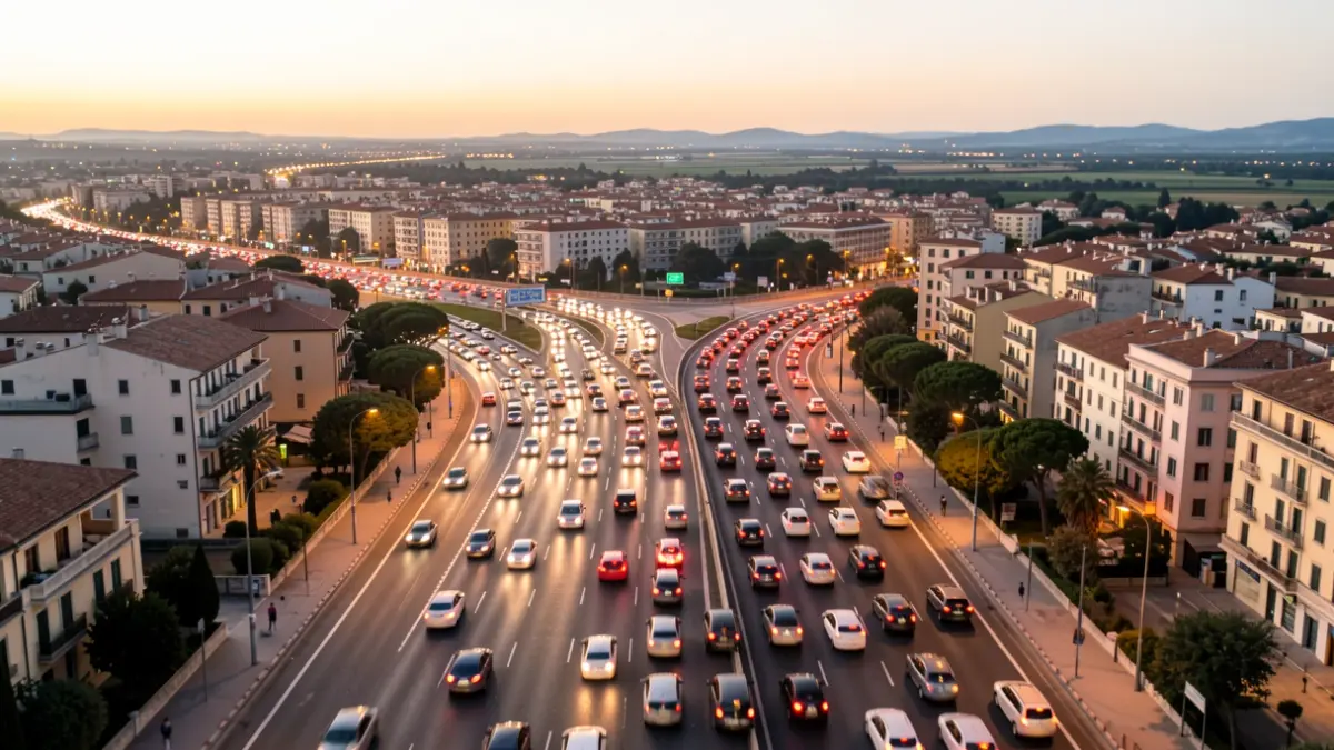Generic image of congested traffic in a Mediterranean city at dawn.