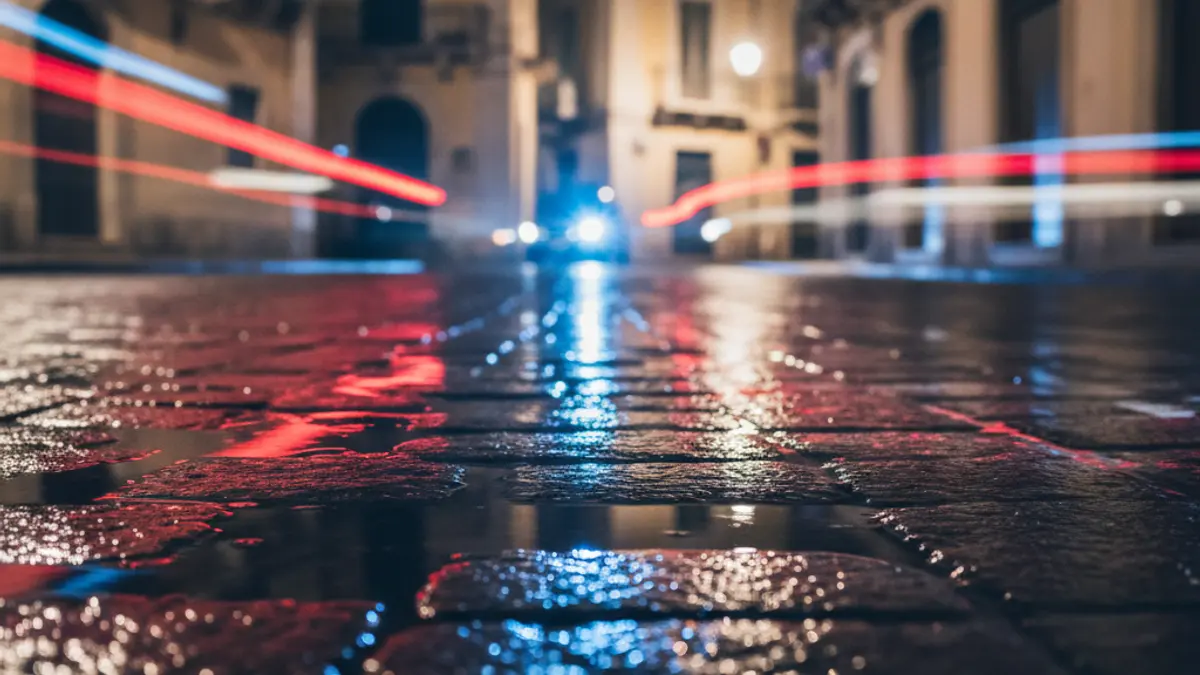 Imatge genèrica de llums d'emergència reflectint-se en l'asfalt mullat de nit, sense vehicles visibles, en un entorn urbà mediterrani.