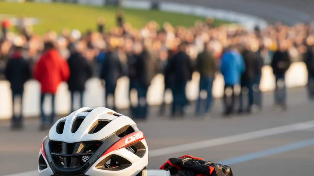 Generic image of a cycling helmet and gloves on a bicycle handlebar, with a blurred background of a race track.