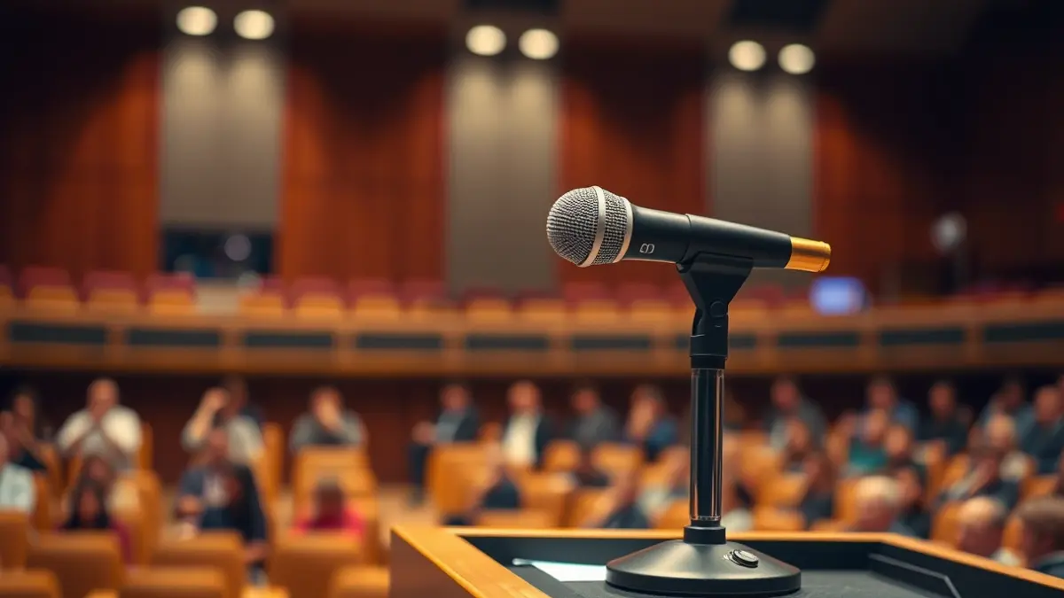 Imatge genèrica d'un micròfon en un faristol en una sala de conferències universitària.