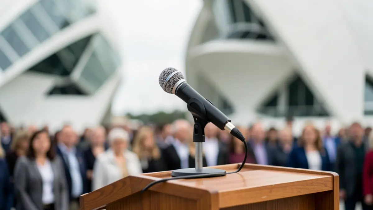Generic image of a microphone on a podium in front of abstract architectural elements.