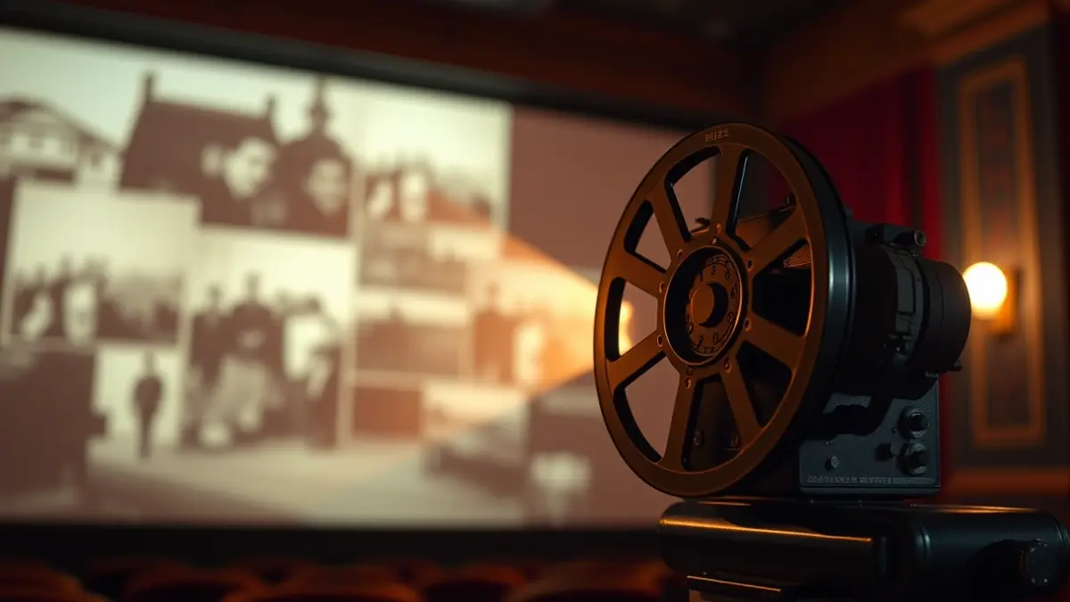 Generic image of a vintage film projector with a reel, casting blurred images onto a screen in a dark cinema hall.