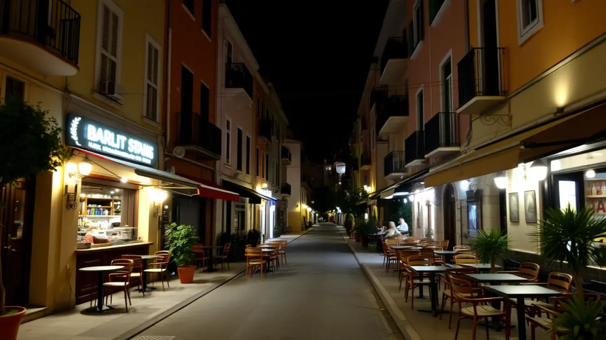Generic image of a quiet street in a Mediterranean neighborhood at night, with blurred lights from bars and restaurants and empty tables on terraces.