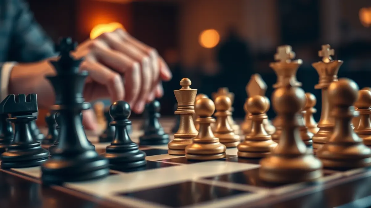 Generic image of a chessboard with pieces mid-game, with blurred hands making a move.