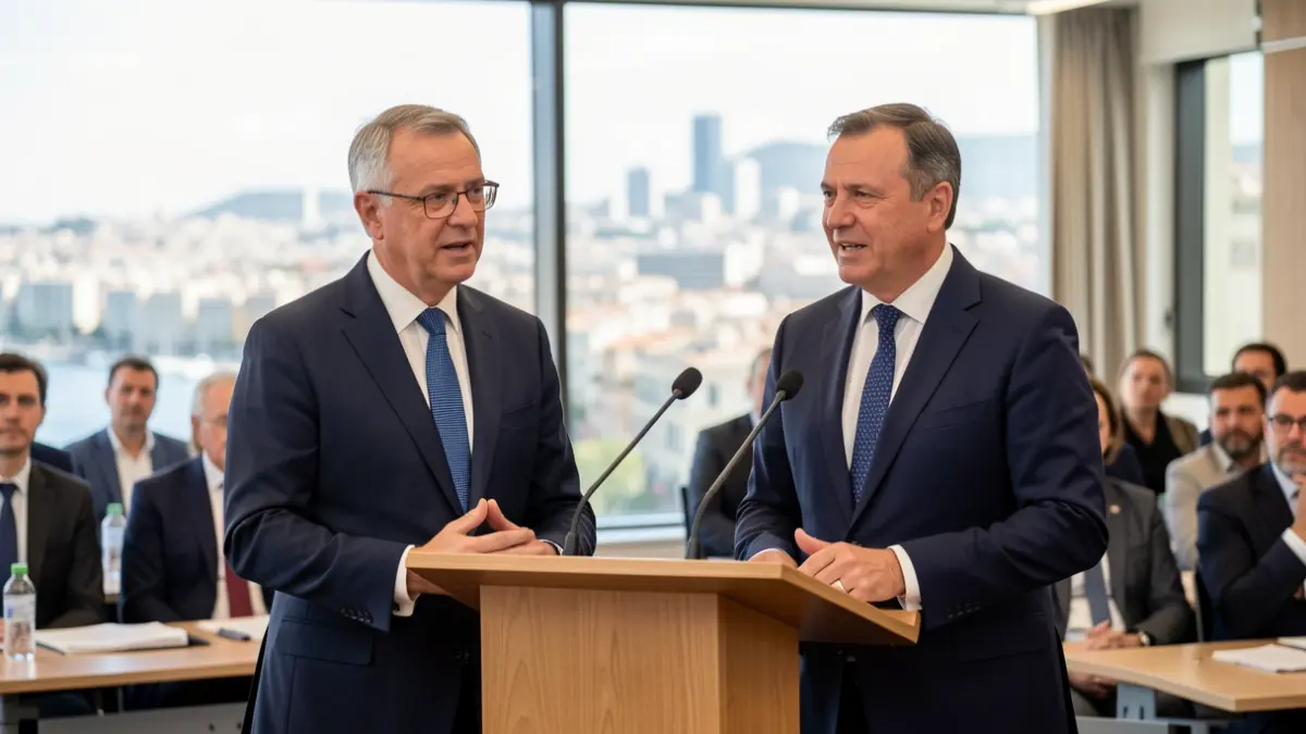 Generic image of two politicians discussing infrastructure with a blurred urban background.