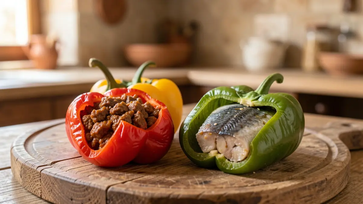 Imagen genérica de pimientos rellenos tradicionales valencianos, con relleno de carne y pescado, servidos en una bandeja de madera rústica.