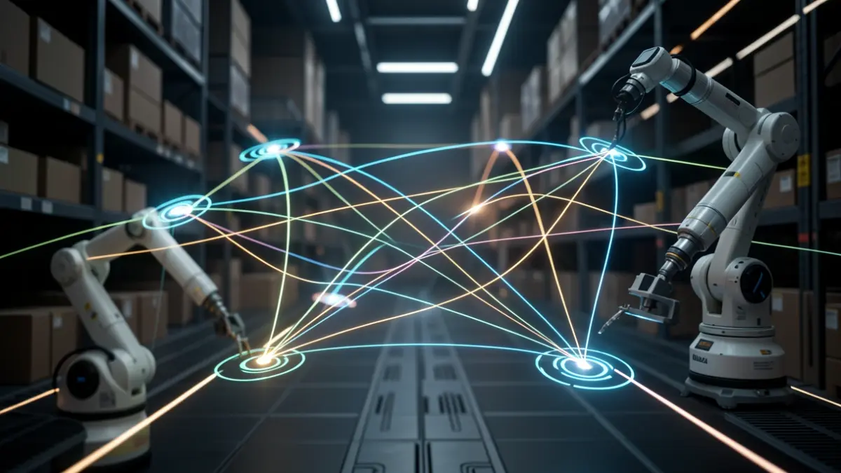 Imatge genèrica d'un ecosistema logístic intel·ligent amb connexions de dades i braços robòtics.
