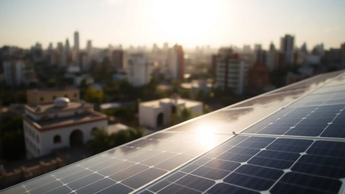 Image of a solar panel installation on a hospital rooftop, with Havana city in the background.