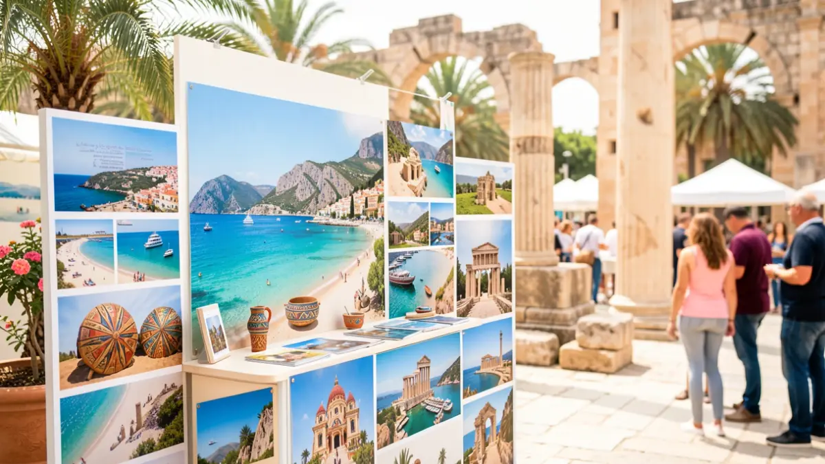 Imagen genérica de un stand de promoción turística con elementos de playa, cultura y patrimonio.