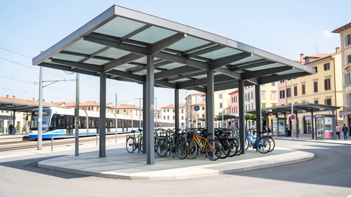 Imatge genèrica d'un intercanviador de transport públic modern amb pèrgola.