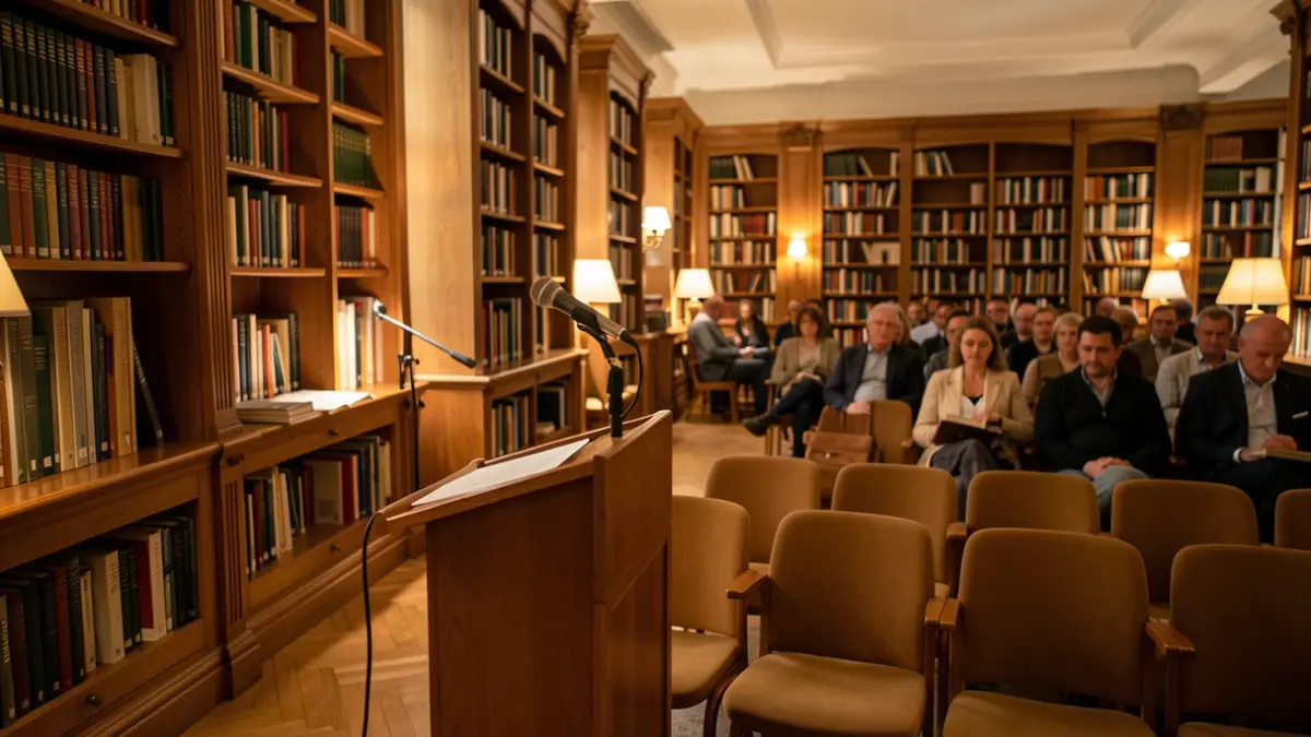 Imatge d'una sala d'actes amb micròfon i prestatgeries, ambient de presentació cultural.