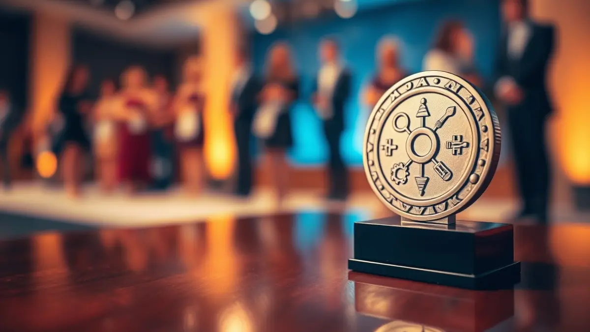 Generic image of a trophy or medal with scientific symbols, at an awards ceremony.