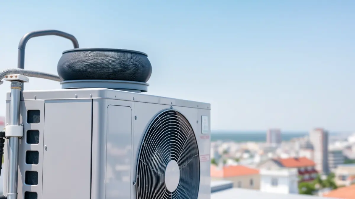 Generic image of an air conditioning unit on a rooftop with a Mediterranean urban background.