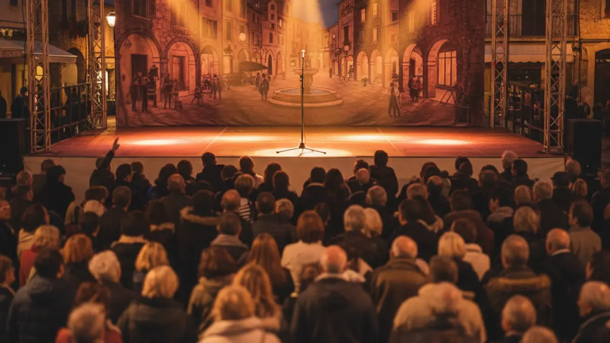 Imatge d'un escenari festiu amb focus i un faristol buit, amb un teló de fons d'una plaça de poble mediterrània de nit i figures borroses entre el públic.