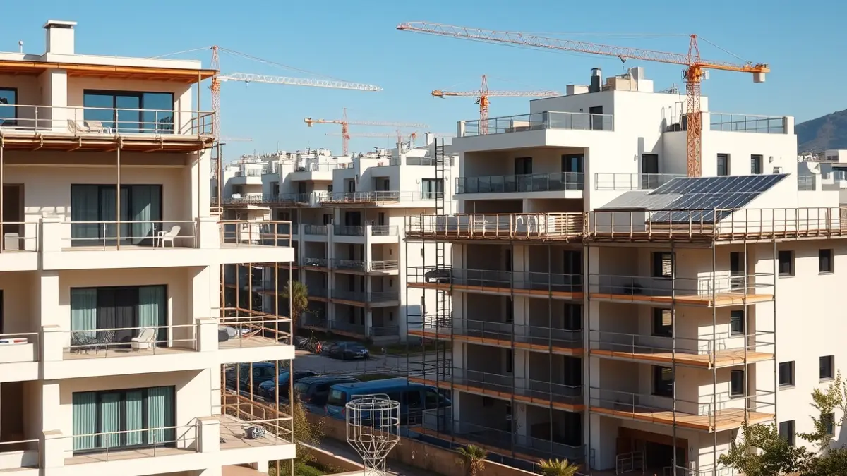 Image of public housing construction in a Mediterranean city, with cranes and scaffolding.