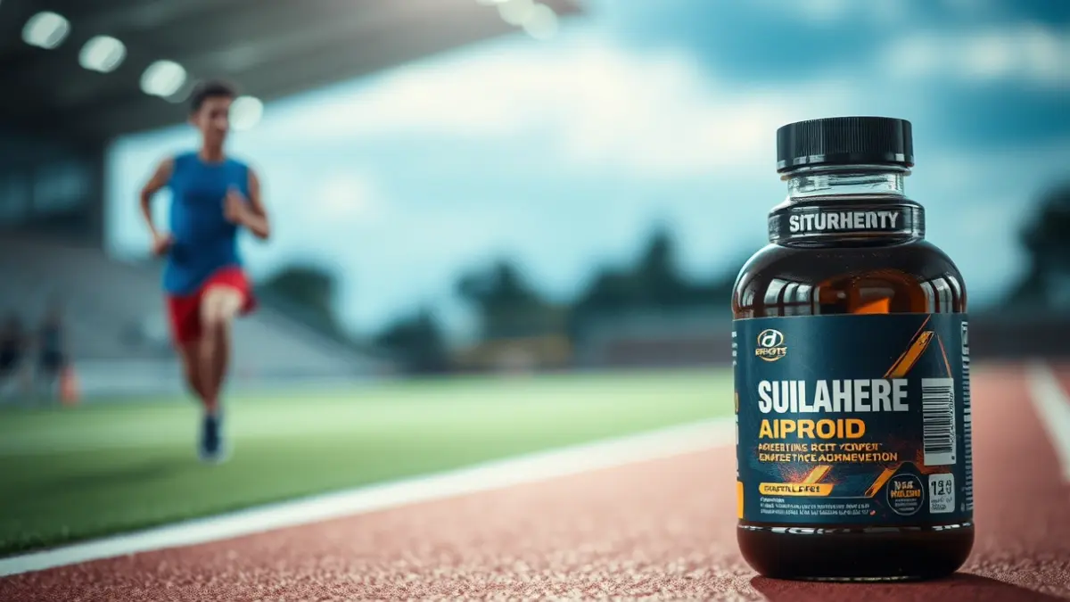 Imatge genèrica d'una botella de suplement de nutrició esportiva, amb un atleta corrent de fons.