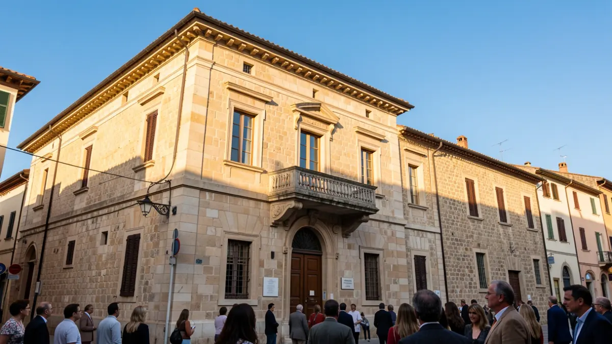 Generic image of a Mediterranean town hall facade with a balcony.
