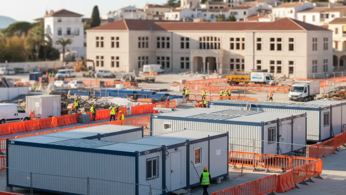 Imatge d'edificis modulars provisionals en una zona de construcció, amb barreres de seguretat taronges i un edifici escolar desenfocat al fons, en un dia assolellat.