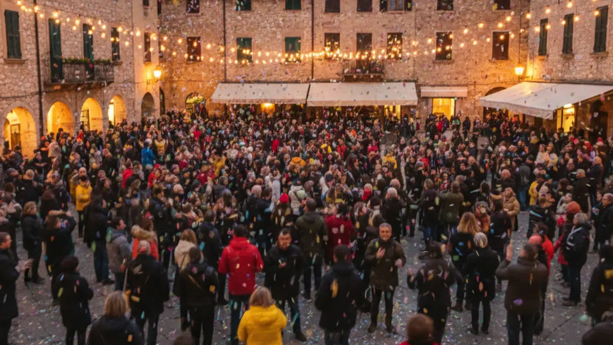 Generic image of a Mediterranean town square during festivities, with blurred crowds and confetti, warm night lights.