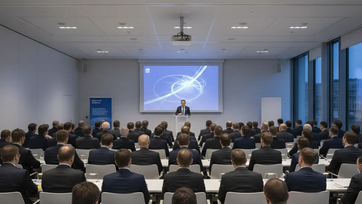 Generic image of a presentation or conference in a modern auditorium.