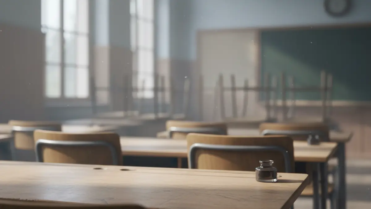 Generic image of an empty school desk in a classroom, with natural light.