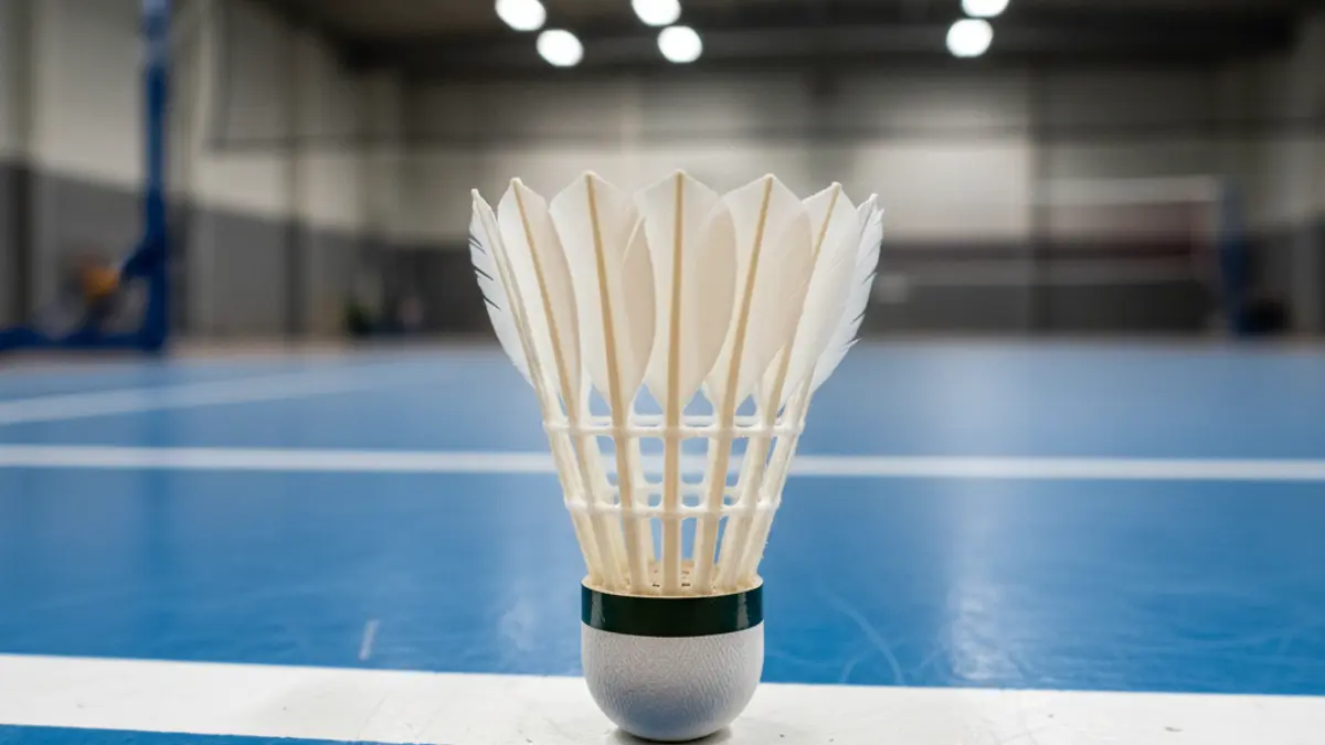 Generic image of a badminton shuttlecock on a court, with a blurred net in the background.