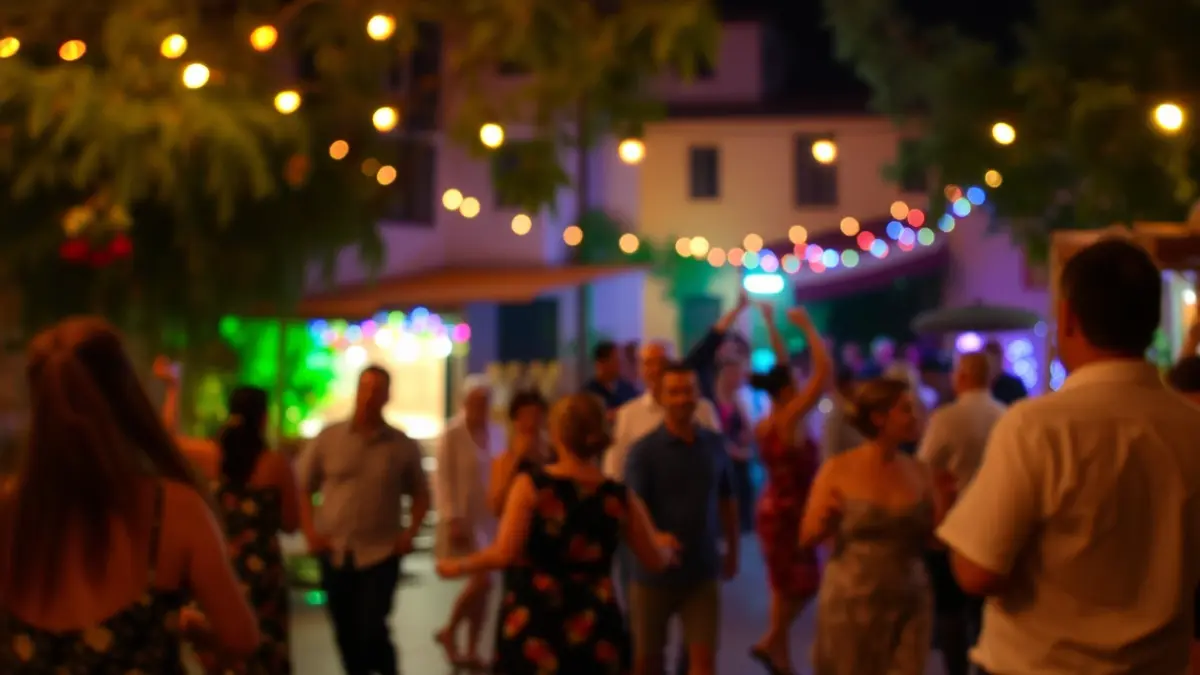 Imagen genérica de un festival cultural en un entorno rural, con gente bailando y luces de colores.