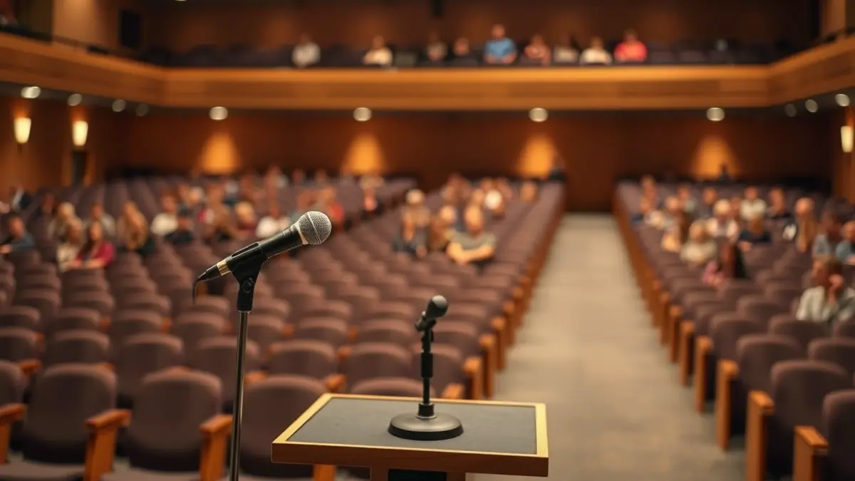 Generic image of a microphone on a podium in an empty auditorium, with blurred seats in the background and warm stage lighting.