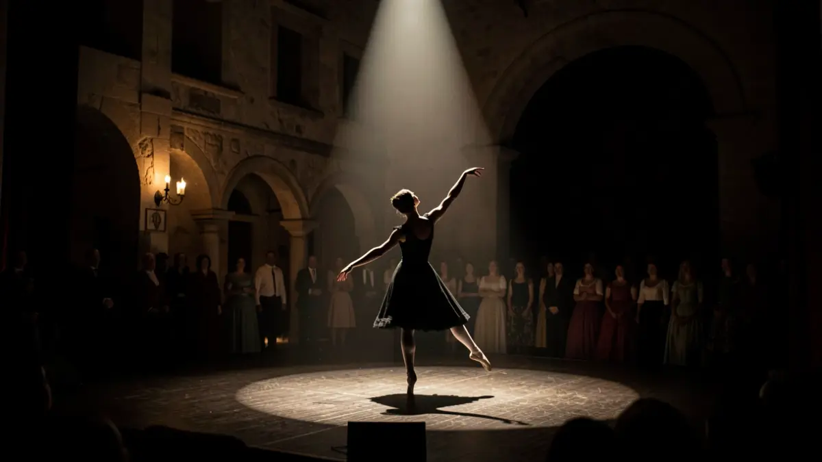Silhouette of a dancer on a stage lit by a spotlight, with Mediterranean architectural details in the background.