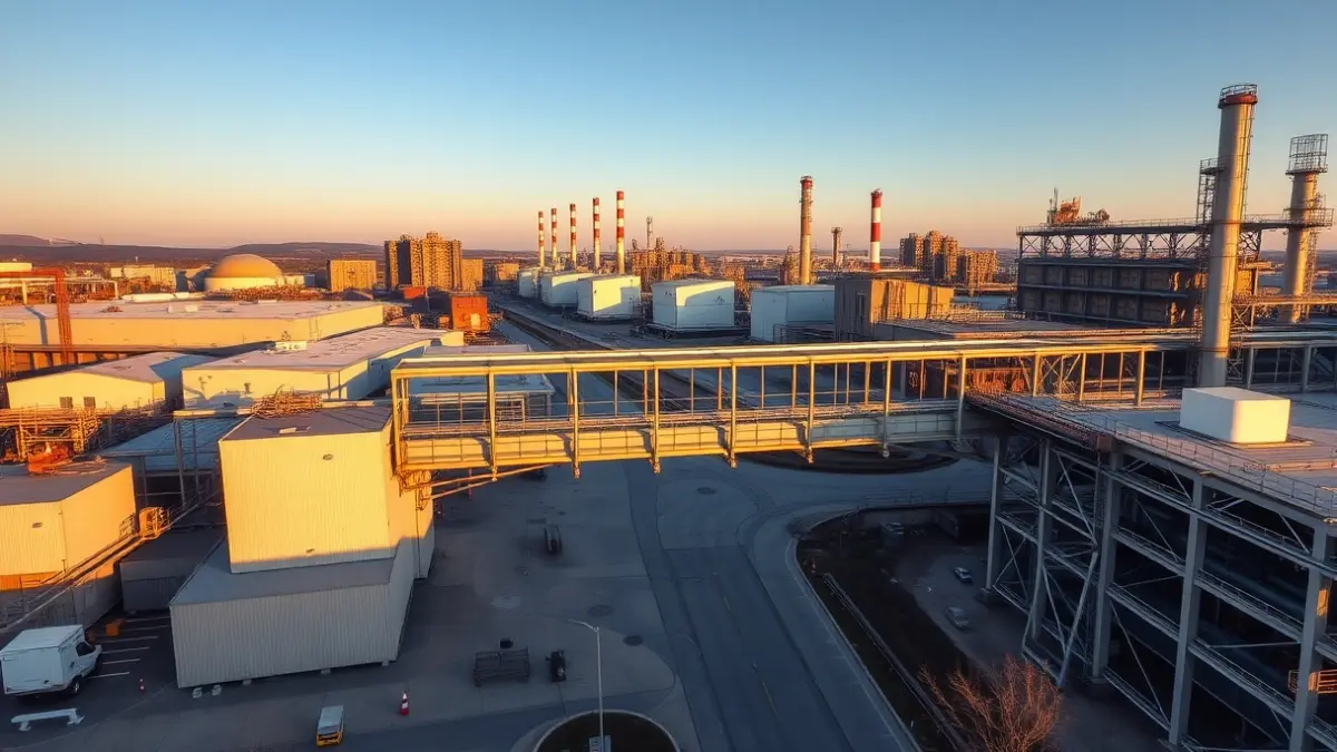 Image of an industrial complex with a bridge connecting two buildings, symbolizing improved connectivity and expansion.