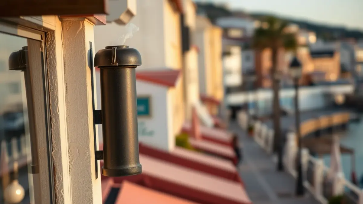 Imatge d'una xemeneia de restaurant en una façana, amb un poc de fum, en una localitat costanera mediterrània.