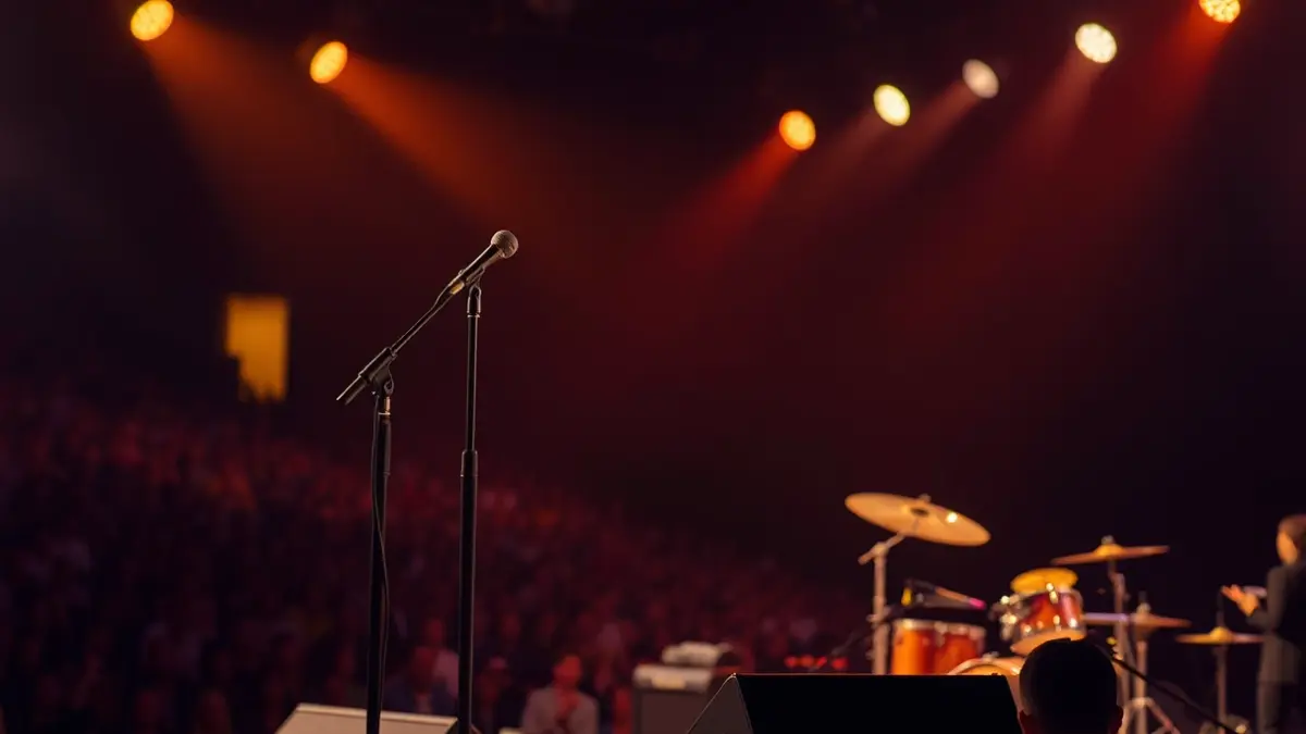 Imatge genèrica d'un escenari de concert de rock amb instruments i llums.