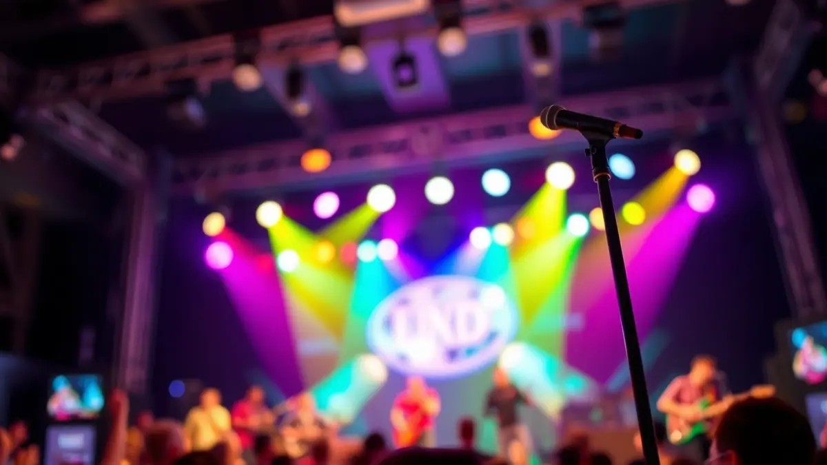 Generic image of a concert stage with blurred lights and a microphone stand, suggesting a live music performance.