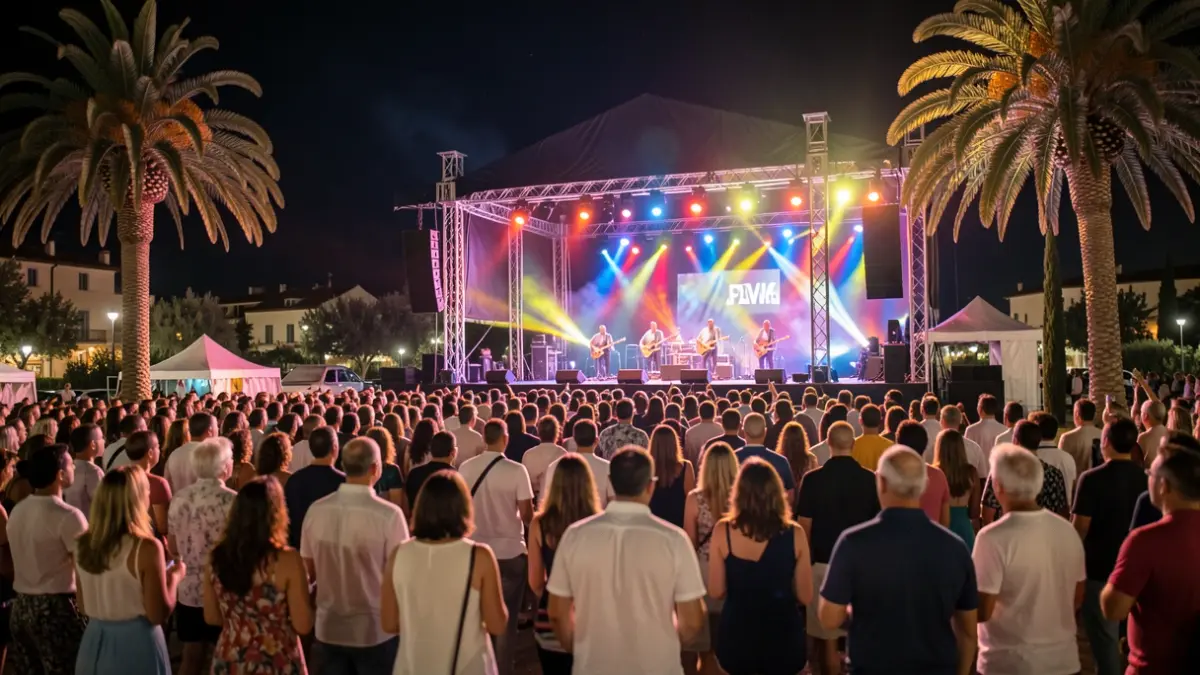 Imagen genérica de un festival de música al aire libre con un escenario iluminado y una multitud borrosa disfrutando de la actuación.