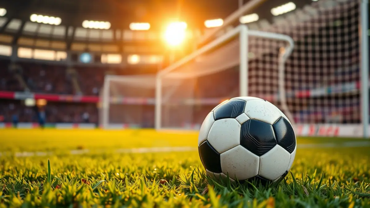 Imagen genérica de un balón de fútbol en el césped de un estadio, con la portería desenfocada al fondo, bajo la luz del atardecer.