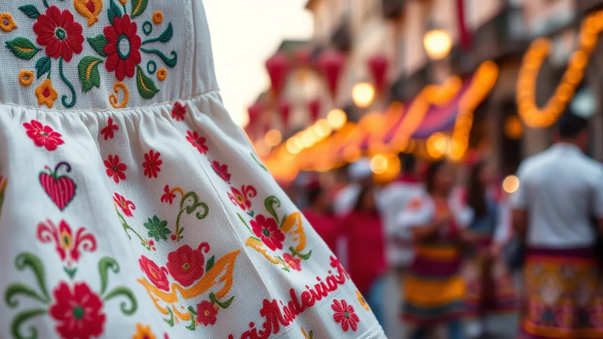 Imagen de un detalle de un vestido de fallera, con bordados y colores vivos, en un ambiente festivo.