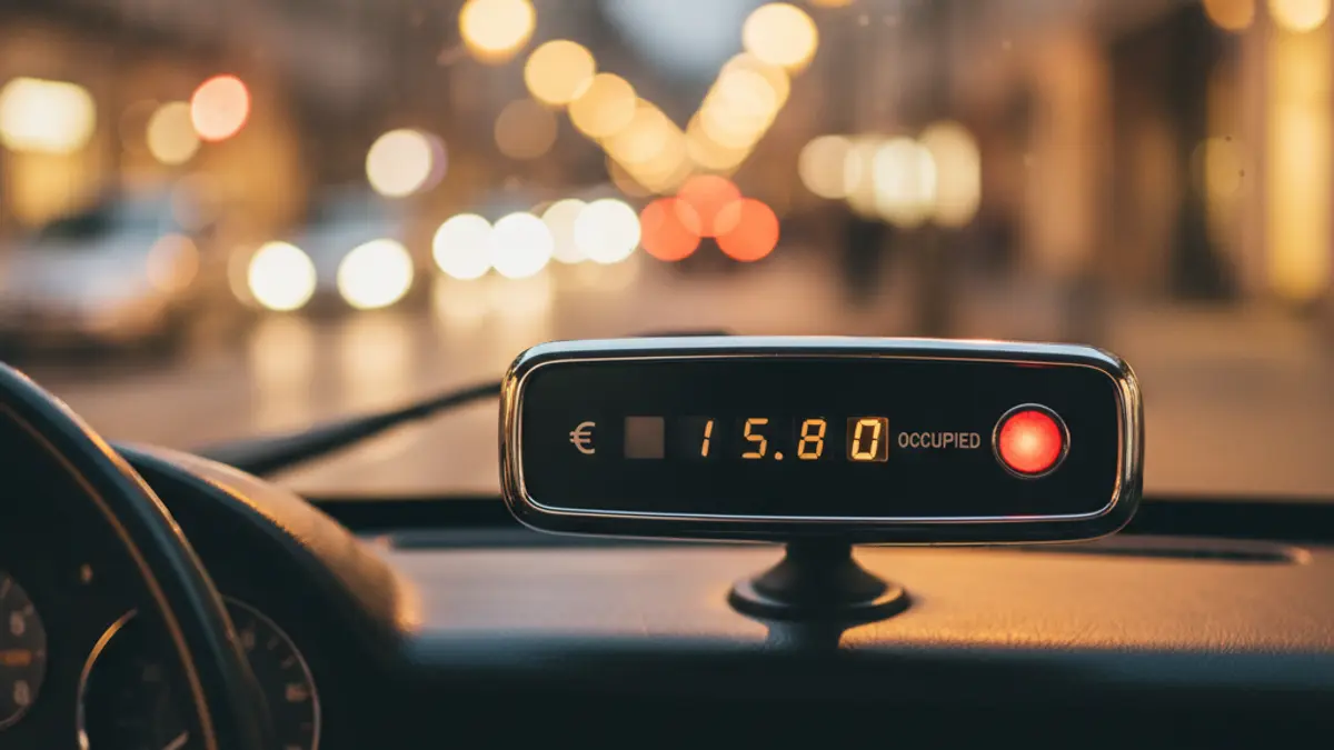 Generic image of a taxi meter inside a taxi, with blurred city lights in the background.
