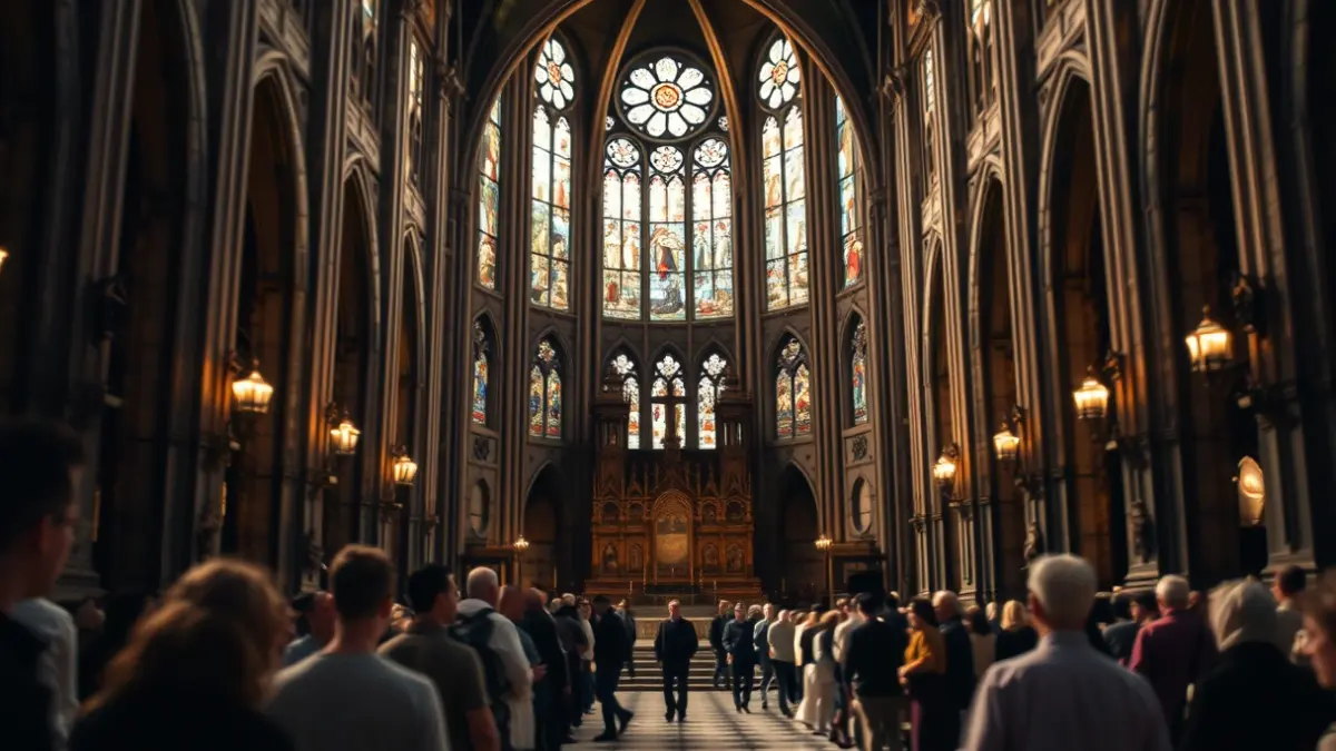 Imatge de l'interior d'una catedral amb gent i tensió abans d'una missa pontifical.