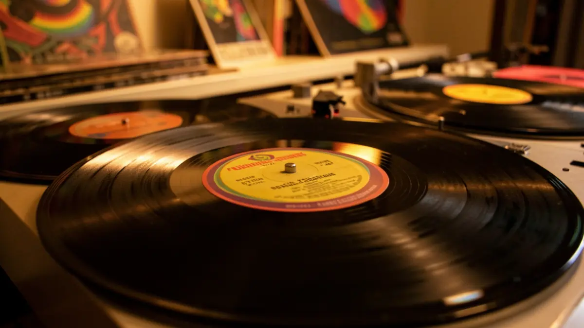 Imatge genèrica de vinils antics amb estètica psicodèlica dels anys 60.