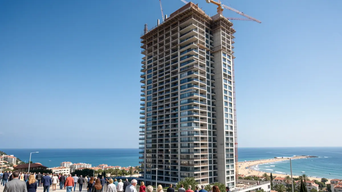 Generic image of a residential skyscraper under construction with the Mediterranean coast in the background.