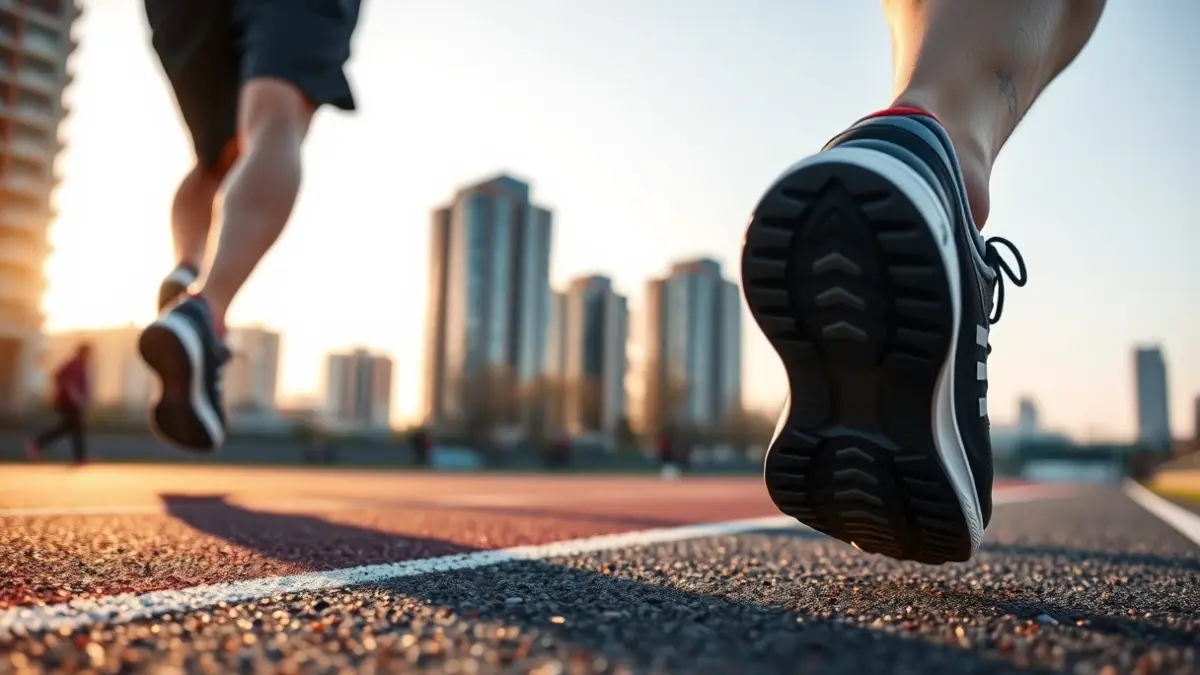 Generic image of running shoes on an asphalt track, with blurred urban buildings in the background.