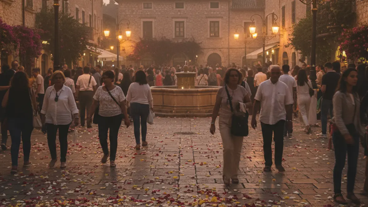 Image of a Mediterranean square at night, with people and flower petals on the ground, during a religious celebration.