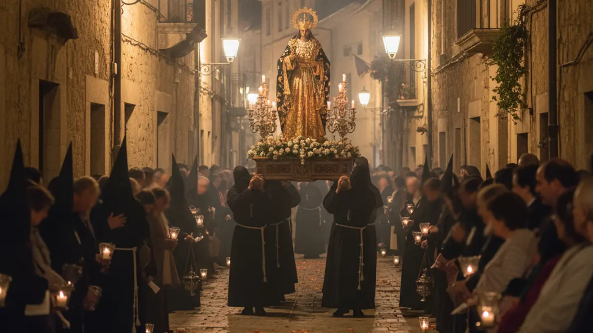 Imatge d'una processó religiosa nocturna en una ciutat mediterrània, amb figures borroses portant una imatge, il·luminada per fanals càlids i pètals escampats per terra.