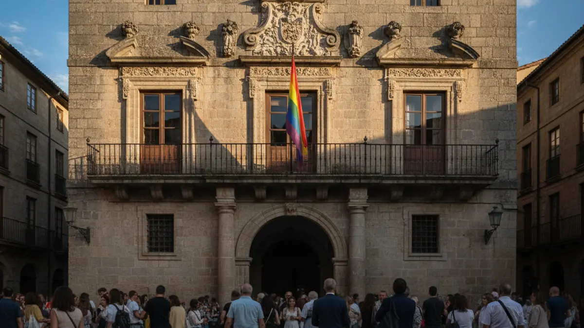 Bandera de l'arc de Sant Martí onejant en la façana d'un ajuntament, símbol de la lluita per la igualtat.