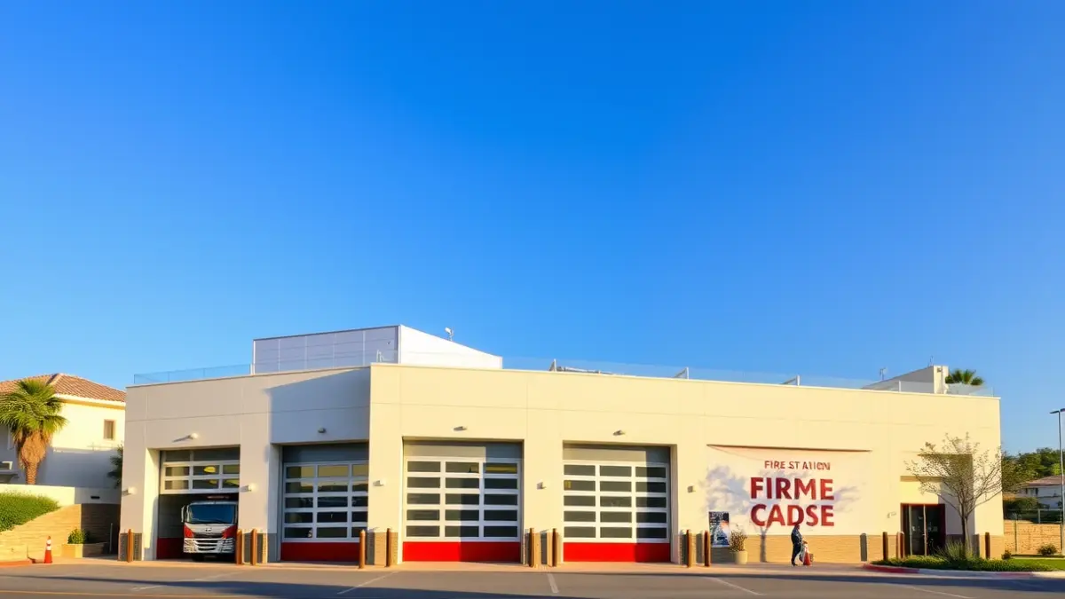 Image of a modern fire station with solar panels on the roof.