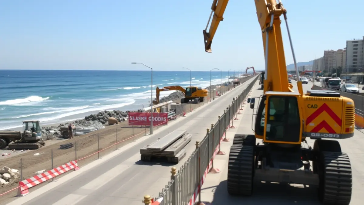 Image of redevelopment works on a coastal promenade, with machinery and safety fences, and the Mediterranean Sea in the background.