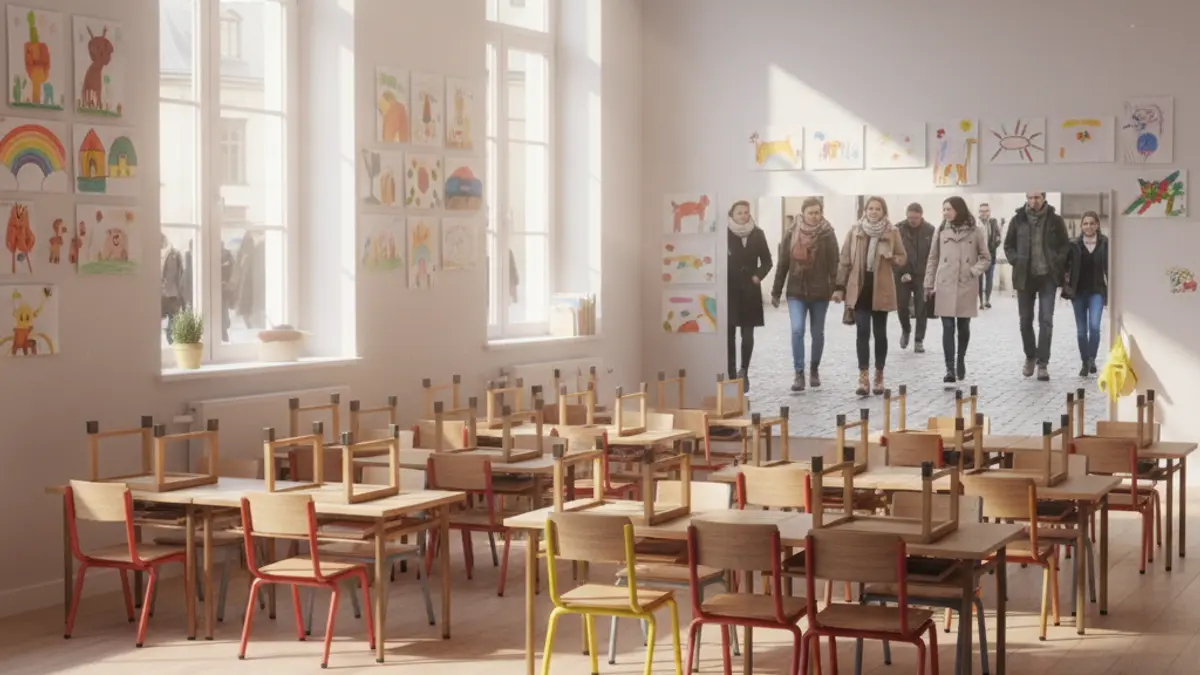 Imagen genérica de un aula escolar luminosa y moderna con dibujos infantiles en las paredes.