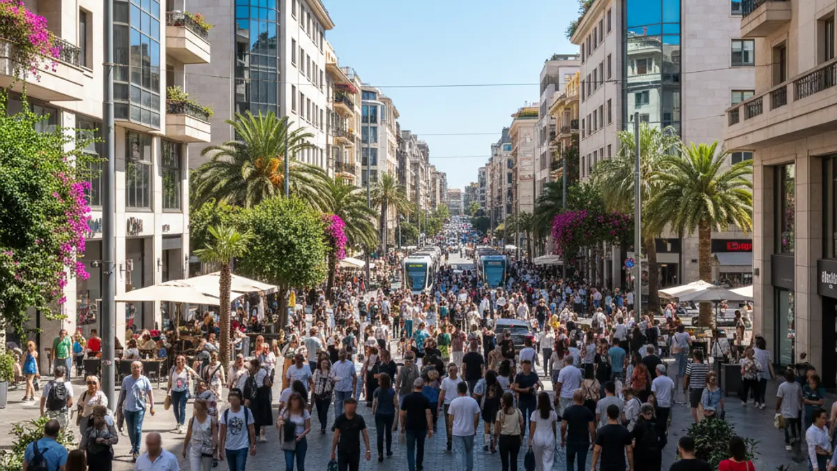 Imatge genèrica d'una ciutat mediterrània amb gent diversa i arquitectura moderna, reflectint el creixement poblacional.