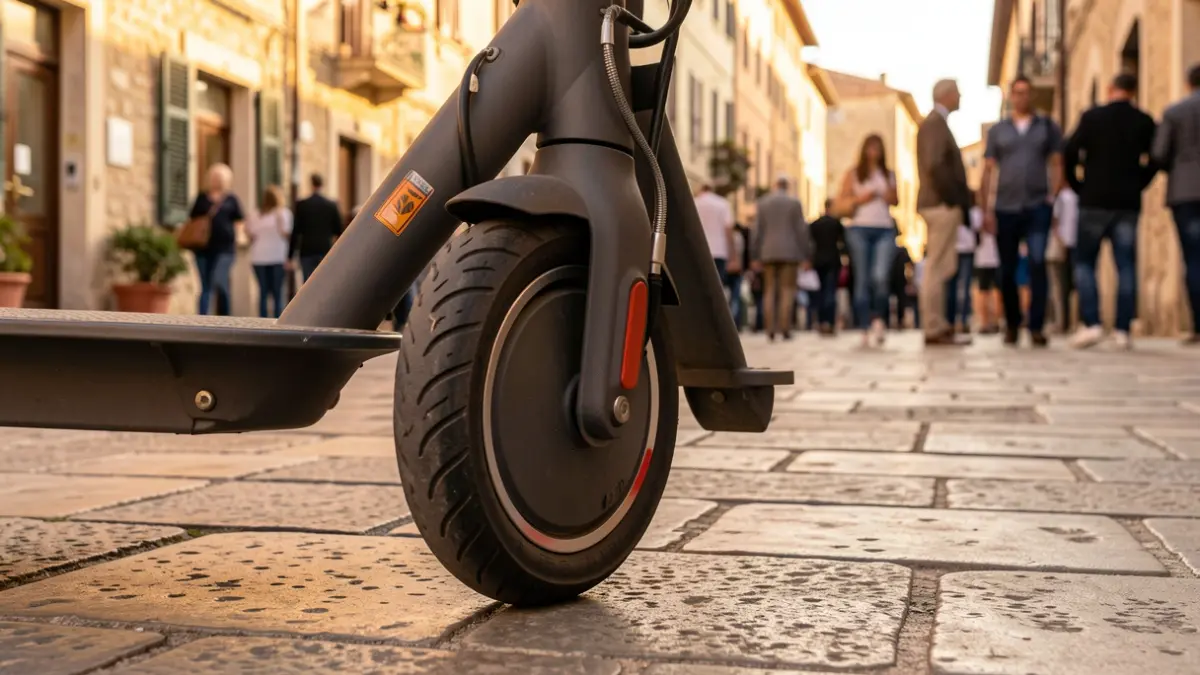 Imatge genèrica d'un patinet elèctric aparcat en un carrer mediterrani.
