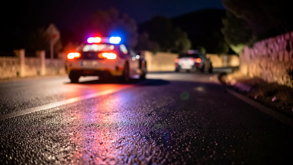 Imatge genèrica de llums d'emergència en asfalt mullat de nit, evocant un accident de trànsit.